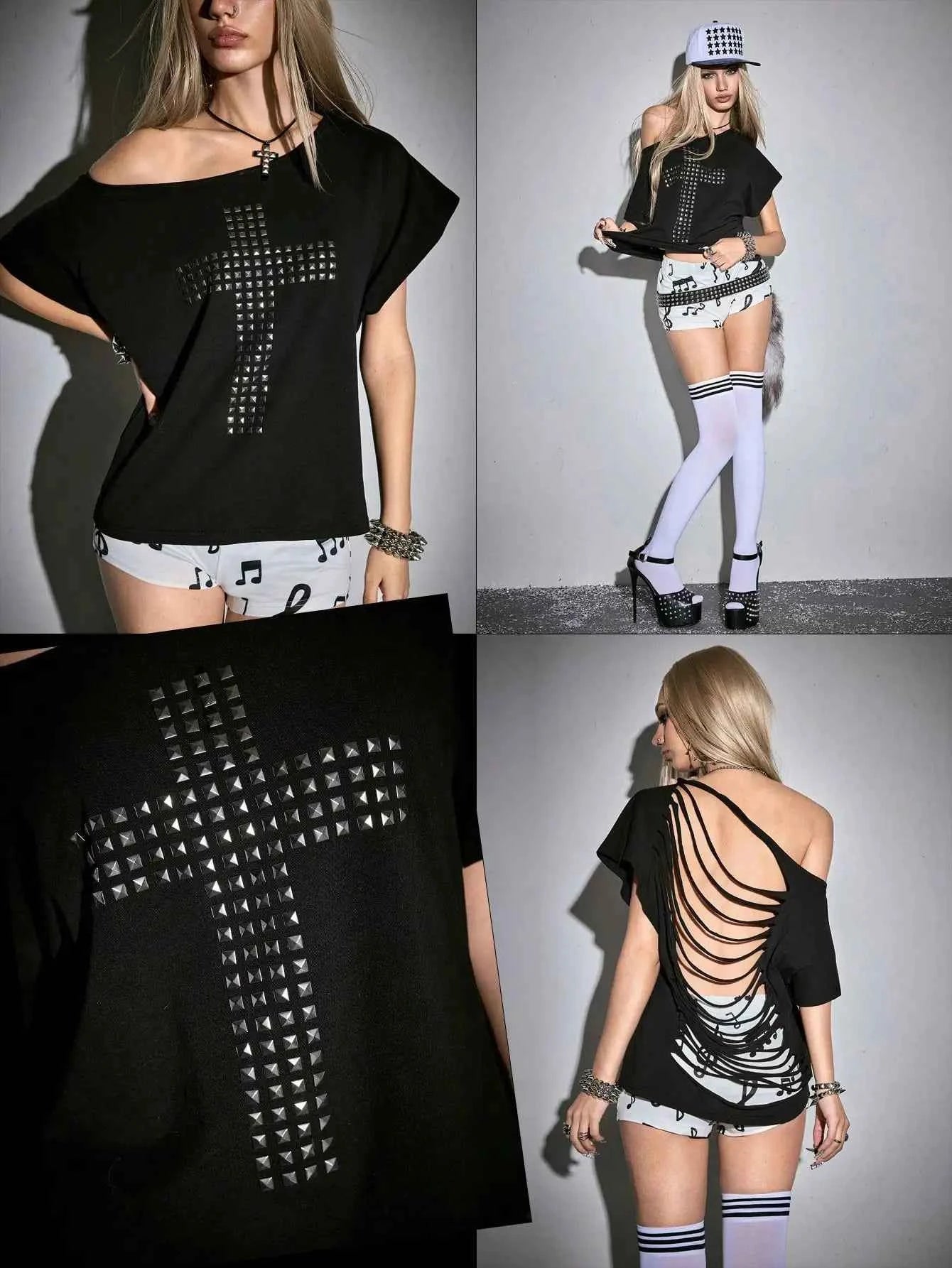 Punk Y2K Studded Cross T-Shirt with Cutout Back, Off-Shoulder Loose Fit for Streetwear