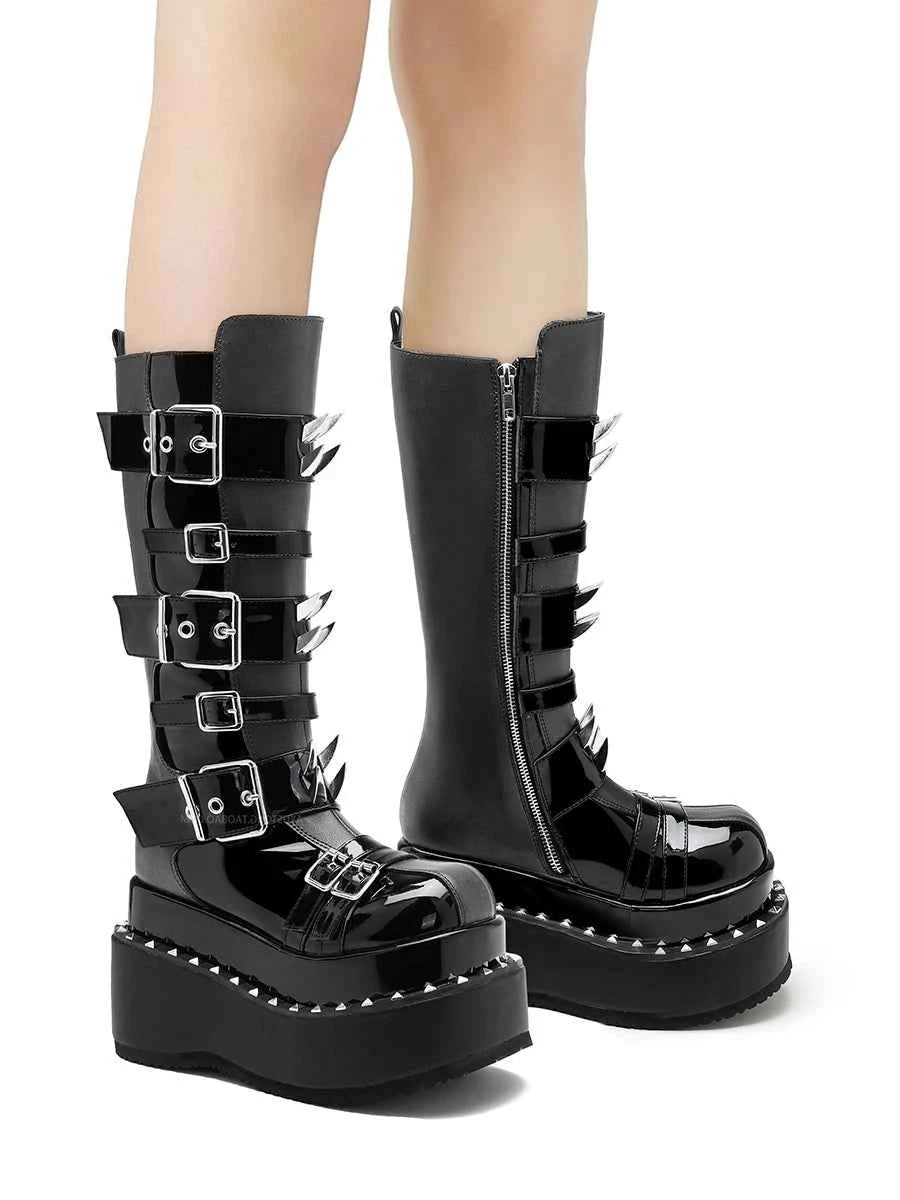 Belt Buckle Spike Rivet Platform Motorcycle Boots Round Toe Thick Sole Side Zipper Punk Knee High Boots Heavy Work Gothic Style
