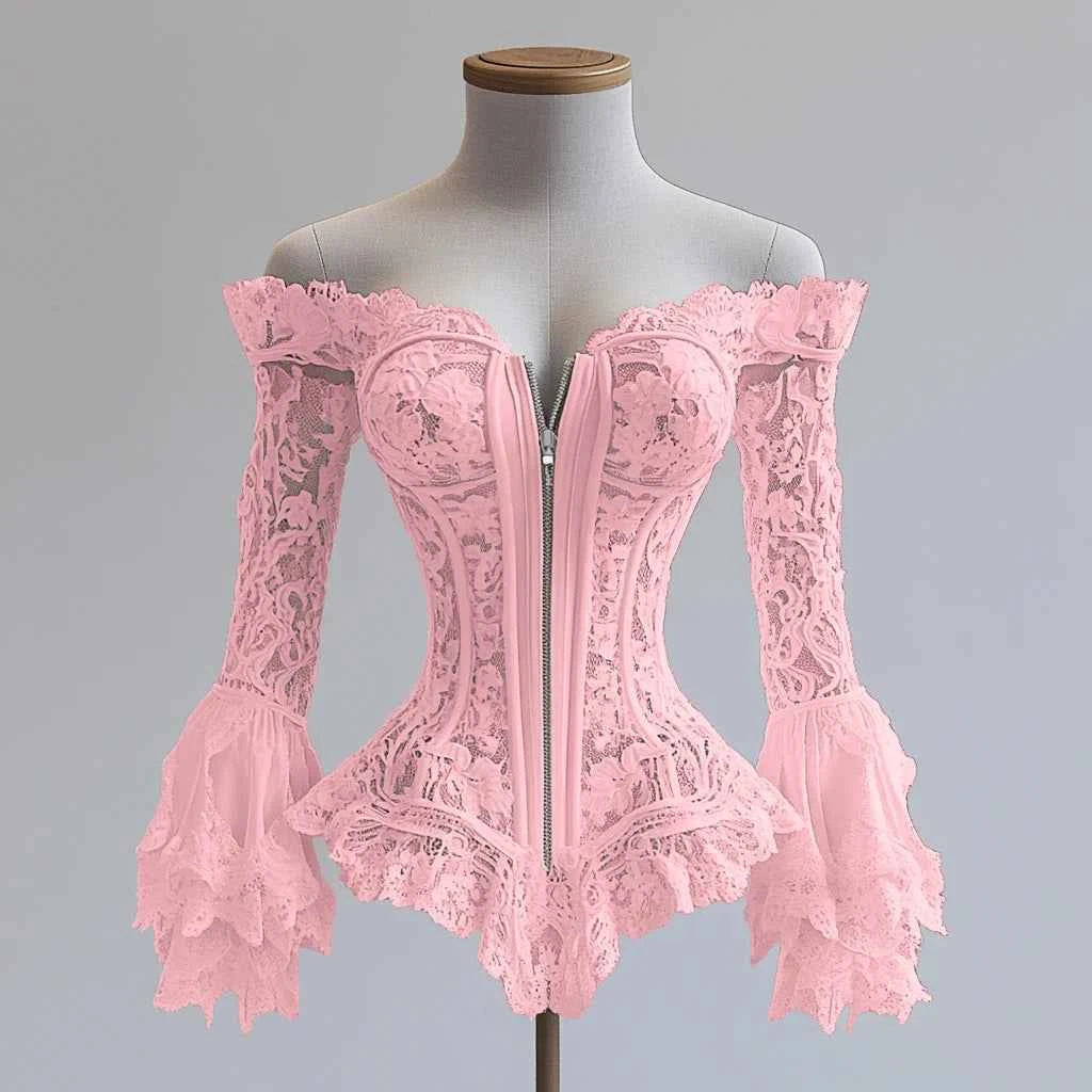Off Shoulder Lace Blouse for Women Flare Sleeve Zipper Fly Solid Elegant Chic Sexy Hollow Out Long Sleeve Tops Irregular Hem Top