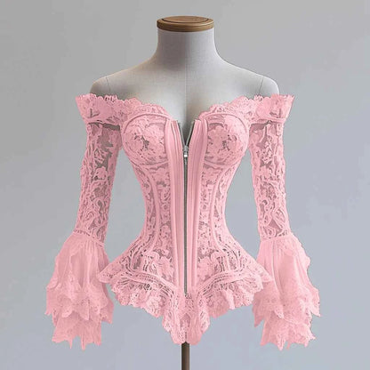 Off Shoulder Lace Blouse for Women Flare Sleeve Zipper Fly Solid Elegant Chic Sexy Hollow Out Long Sleeve Tops Irregular Hem Top