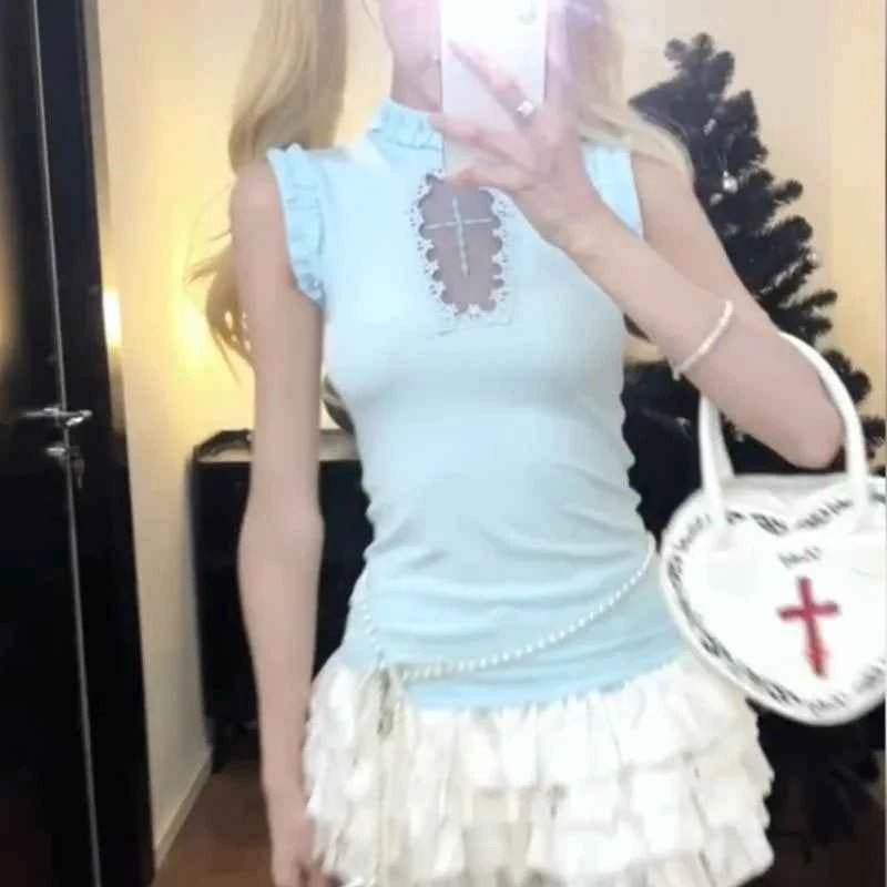 Women Cross Hollow Out T-shirt Gothic Long Sleeve Turtleneck Top Punk Alt Goth Style Clothing Black Blue Y2K Sleeveless Shirt