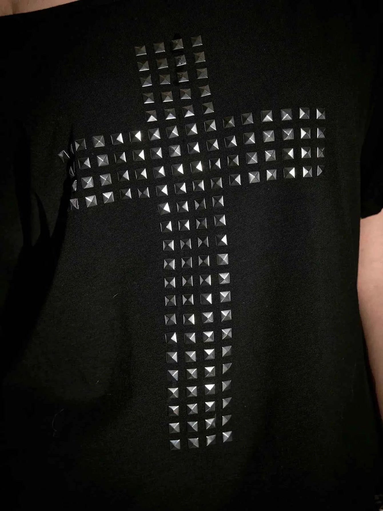 Punk Y2K Studded Cross T-Shirt with Cutout Back, Off-Shoulder Loose Fit for Streetwear