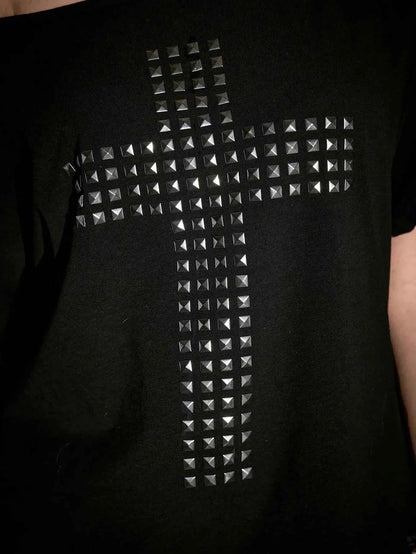 Punk Y2K Studded Cross T-Shirt with Cutout Back, Off-Shoulder Loose Fit for Streetwear
