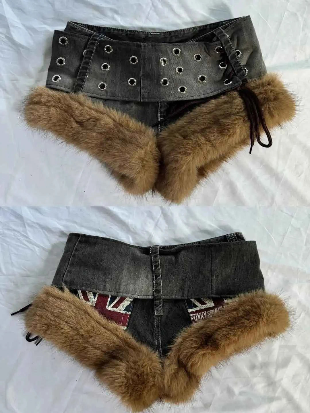 2026 Europe and America Style Hip Hop Style Splicing Fur Collar Mini Denim Shorts Womens Y2k Personality Popular Sexy Shorts