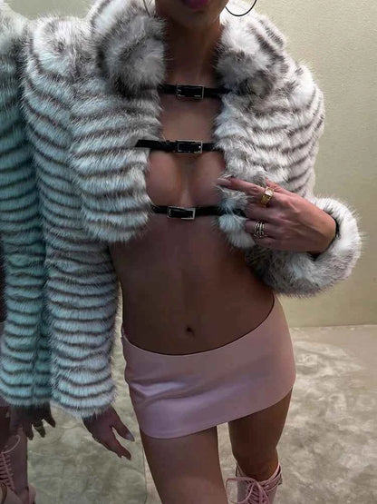 Kliou Sexy Fashion Crop Jacket Woman Autumn Trend Furry Warm Style Belt Metal Buckle Cardigan Full Sleeve High Street Jacket
