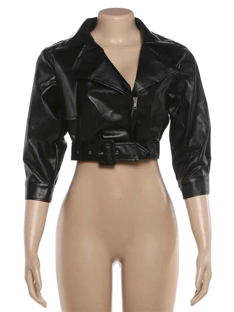Weird Puss Luxury Crop Jacket Women PU Fall Wild Deep V-Neck Elegant Belt Buckle Zip Full Sleeve Streetwear Office Classic Coat