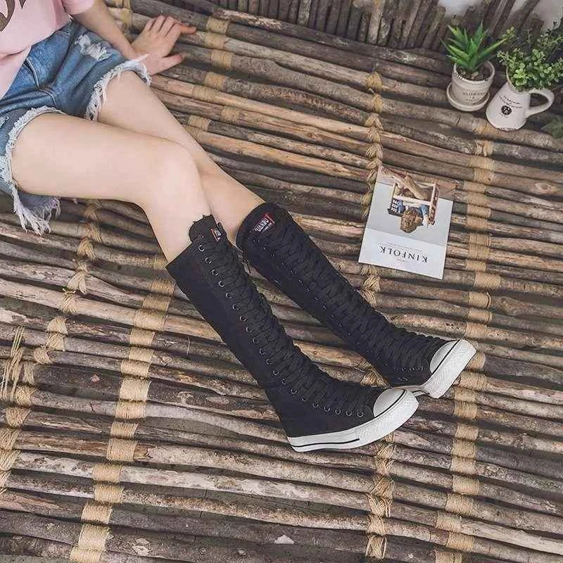 2025 New High Top Canvas Shoes for Women's Korean Edition Long Boot Lace-Up Zipper Comfortable Boot Zapatos De Mujer Tendencia