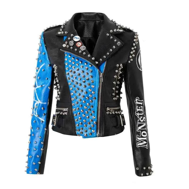 Streetwear Contrast Spliced Faux Leather Jacket for Women 2026 New Graffiti Print Punk Studded Slim Cropped Motorcycle Jackets