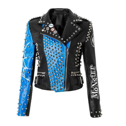 Streetwear Contrast Spliced Faux Leather Jacket for Women 2026 New Graffiti Print Punk Studded Slim Cropped Motorcycle Jackets