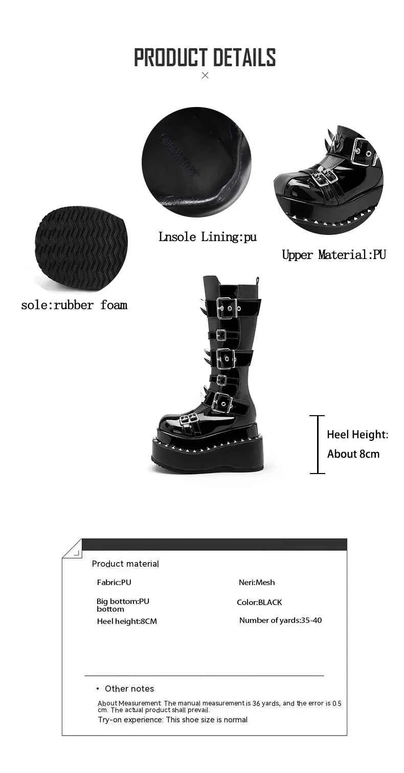 Belt Buckle Spike Rivet Platform Motorcycle Boots Round Toe Thick Sole Side Zipper Punk Knee High Boots Heavy Work Gothic Style