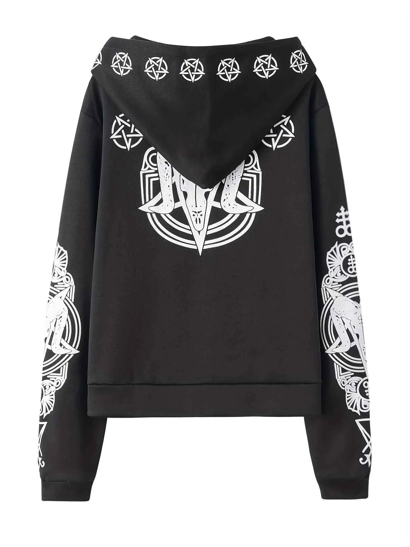 Irregular Black Punk Hoodie | Sheep Head Moon Print | MUNSIEUR