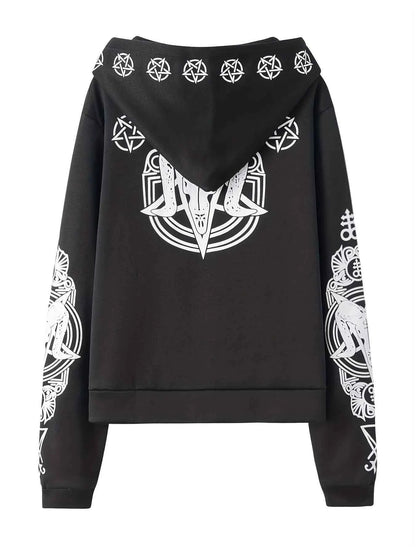 Irregular Black Punk Hoodie | Sheep Head Moon Print | MUNSIEUR