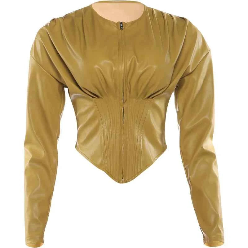 Weird Puss Luxury PU Crop Jacket Women Irregular Waist-Cinch Spring Wild Zip Full Sleeve Streetwear Office Lady Classic Coat