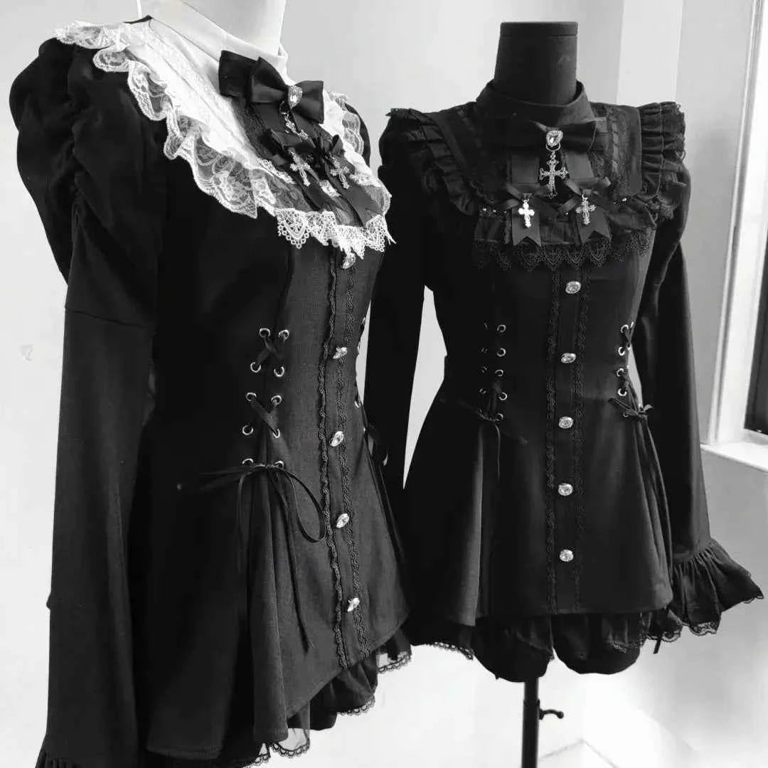 Y2k Aesthetic Lolita Style Bow Dress Shorts Set Japanese Women Gothic Lace Flare Sleeve Button Shirt Dress Punk Party Mini Dress