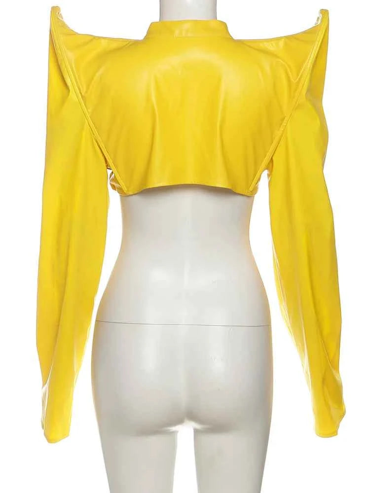 Kliou Horn Design Short Jacket Woman Faux Leather Zip Cardigan Full Sleeve Navel Exposed Hot Girls High Street Style Clothing