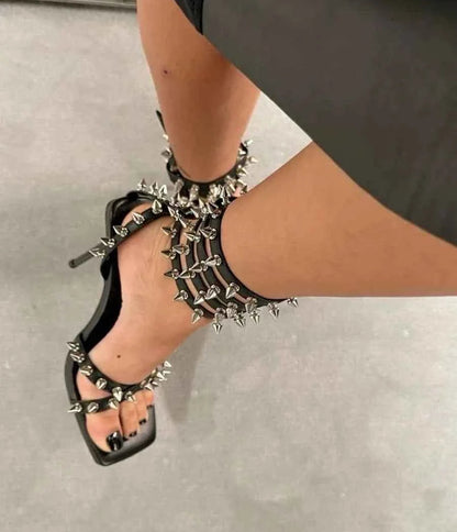 Punk Style Spikes Ankle Strap Stilettos Square Open Toe Thin High Heels Party Shoes Women's Streetwear Evening Trending Sandals