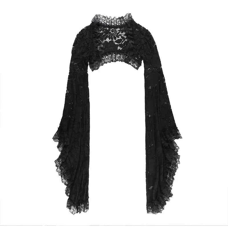 Gothic Classic Lace Cover Ups Women Mesh Crop Top See Through Sexy Flare Sleeve Blouse Y2k Black Rave Outfit Festival