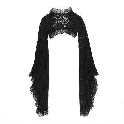 Gothic Classic Lace Cover Ups Women Mesh Crop Top See Through Sexy Flare Sleeve Blouse Y2k Black Rave Outfit Festival