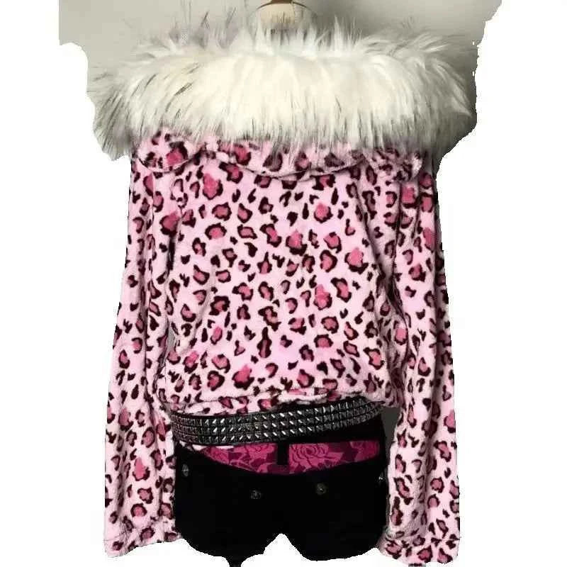 Y2K Kawaii Pink Leopard Plush Zipper Hoodie | Harajuku | MUNSIEUR