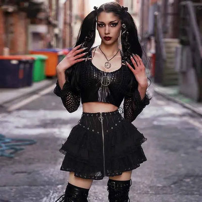 Women's Punk Vintage High Wasit Skirt Zipper Front Japanese Style Kawaii Black Harajuku Gothic Skater Cosplay Mini Skirts