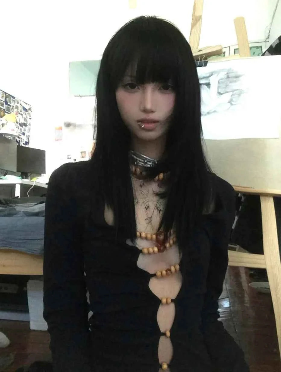 Karrram Japanese Y2k Hollow Out Tops Vintage Harajuku Beaded T Shirt 2000s Aesthetics Long Sleeve Slim T-shirts American Retro