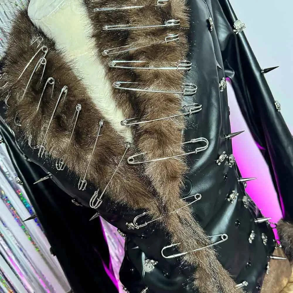Hip Hop Teen E-Girls Emo Grunge Goth DIY Club Wear Hand Made Punk Rock Studded Y2K Vegan Leather Faux Fur Jacket Coat Pin