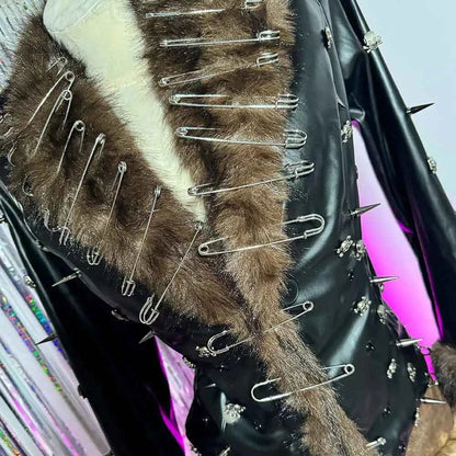 Hip Hop Teen E-Girls Emo Grunge Goth DIY Club Wear Hand Made Punk Rock Studded Y2K Vegan Leather Faux Fur Jacket Coat Pin