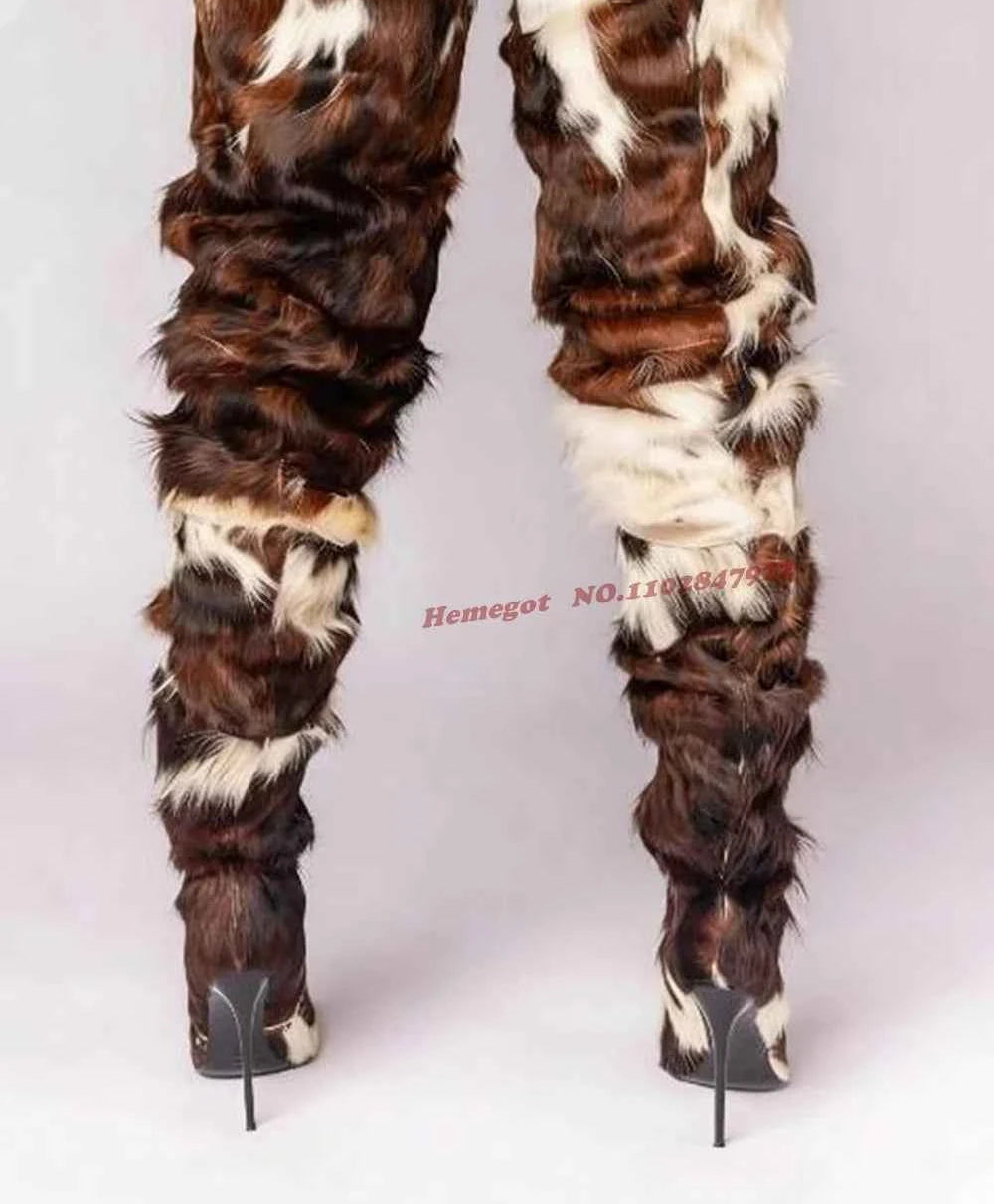 Horsehair Patchwork Thigh High Boots Rivet Stiletto Fur Pointy Toe Women's Boots Winter Thin High Heeled Warm Casual Shoes 2026