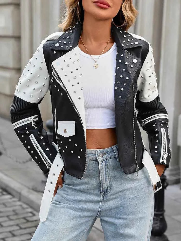 Ailegogo New Spring Autumn Women Street Rivet Black White Faux Leather Jacket Moto Biker Punk Belt Coat Outwear