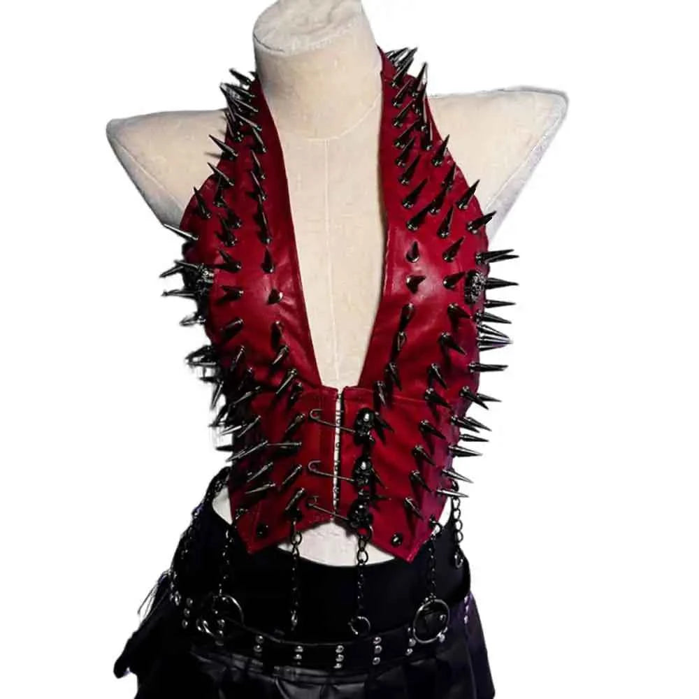 Emo Spike Studded Rivet PU Leather Halter T-shirt