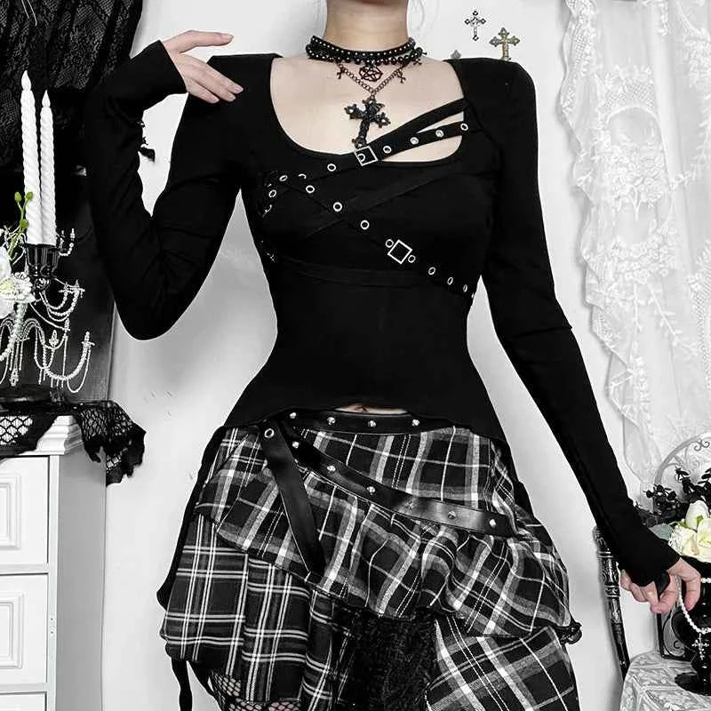 Goth Dark Punk Rivet Sexy Long Sleeve T-shirt