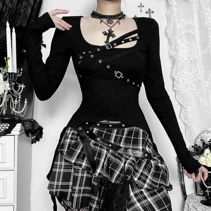 Goth Dark Punk Rivet Sexy Long Sleeve T-shirt