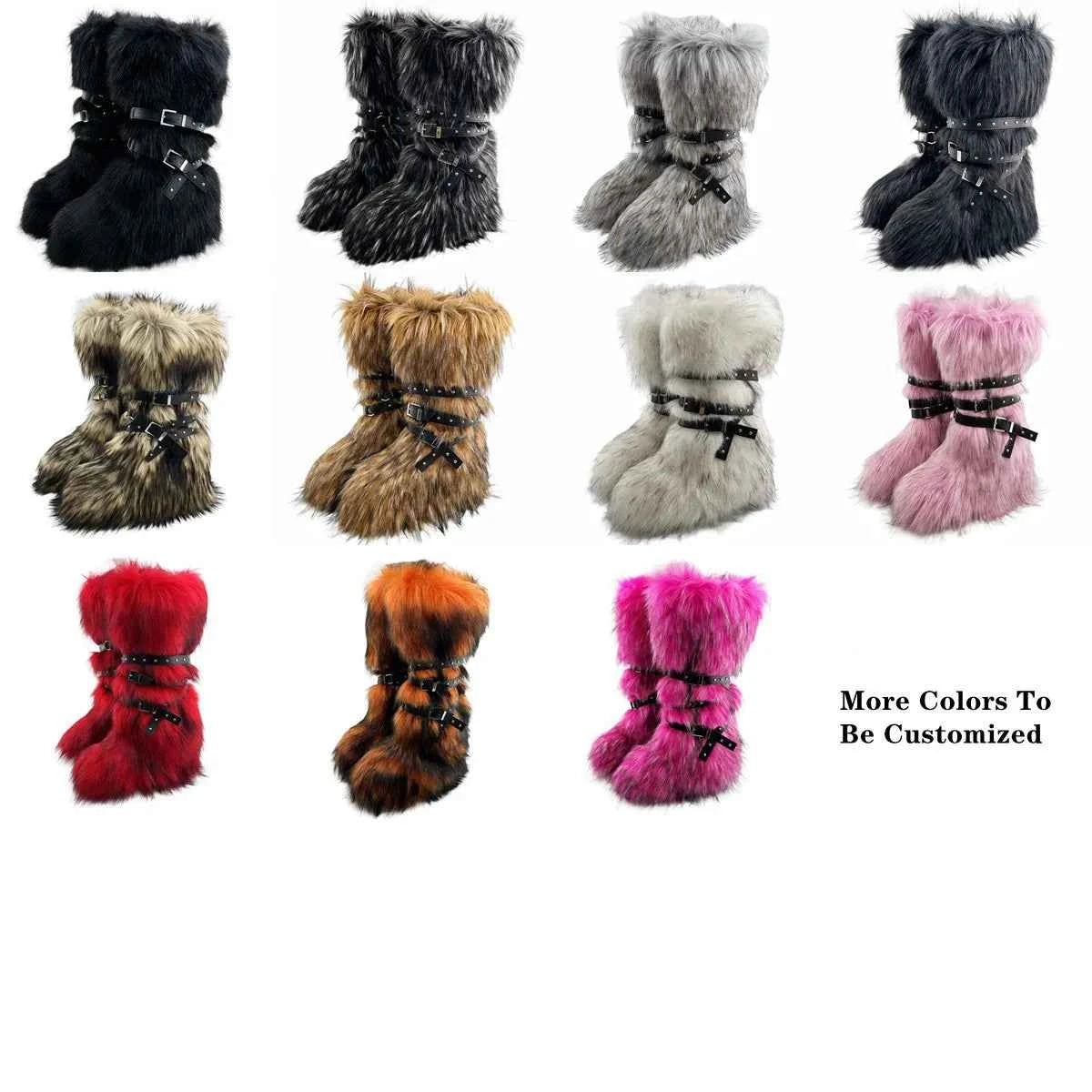 Ladies Faux Fur Knee High Wedge Platform Boots Popular Brown Spice Girl Cross Belt Buckle Winter New Snow Boots For Women