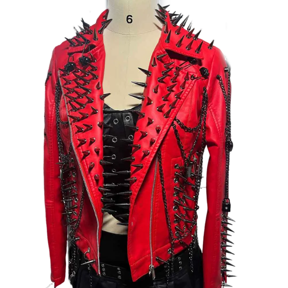 Women's Spiked Studded Rivet Goth Emo Pu Leather Jacket Grunge