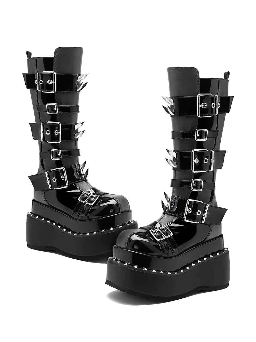 Belt Buckle Spike Rivet Platform Motorcycle Boots Round Toe Thick Sole Side Zipper Punk Knee High Boots Heavy Work Gothic Style