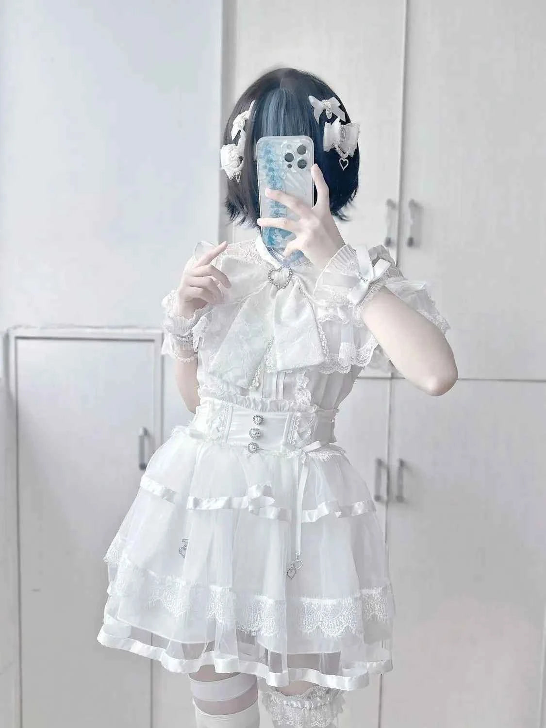 Japanese Kawaii Lolita Lace Patchwork Blouses Summer Women Harajuku Single Breasted Sweet Shirts Summer Girly JK Bow Tops Blusas