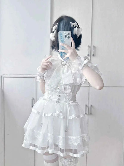 Japanese Kawaii Lolita Lace Patchwork Blouses Summer Women Harajuku Single Breasted Sweet Shirts Summer Girly JK Bow Tops Blusas