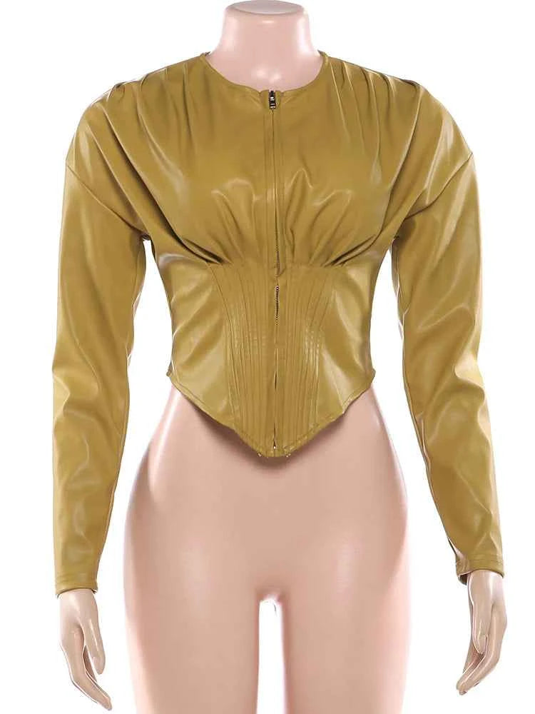 Weird Puss Luxury PU Crop Jacket Women Irregular Waist-Cinch Spring Wild Zip Full Sleeve Streetwear Office Lady Classic Coat