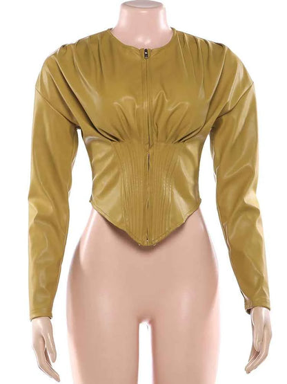 Weird Puss Luxury PU Crop Jacket Women Irregular Waist-Cinch Spring Wild Zip Full Sleeve Streetwear Office Lady Classic Coat