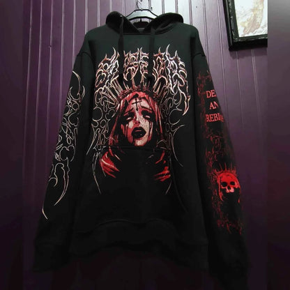 Y2K Black Hooded Sweatshirt for Men White Angel Themed Spike Print Street Fashion Trendy Top Unique Art Design