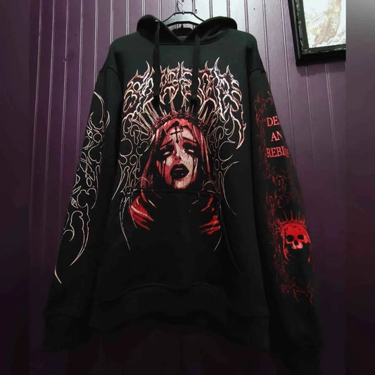 Y2K Black Hooded Sweatshirt for Men White Angel Themed Spike Print Street Fashion Trendy Top Unique Art Design