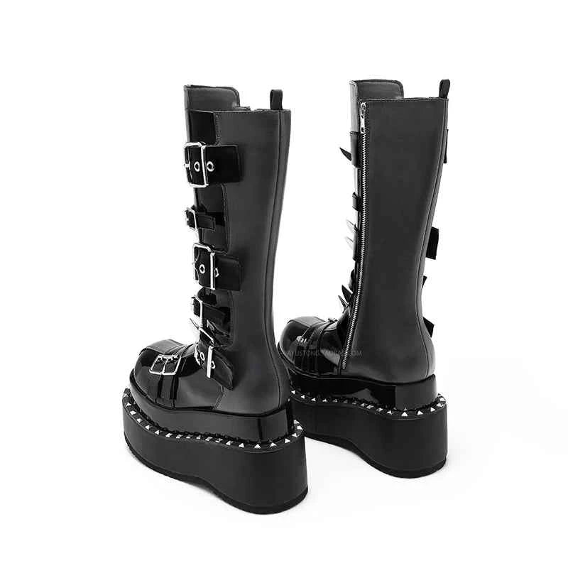 Belt Buckle Spike Rivet Platform Motorcycle Boots Round Toe Thick Sole Side Zipper Punk Knee High Boots Heavy Work Gothic Style