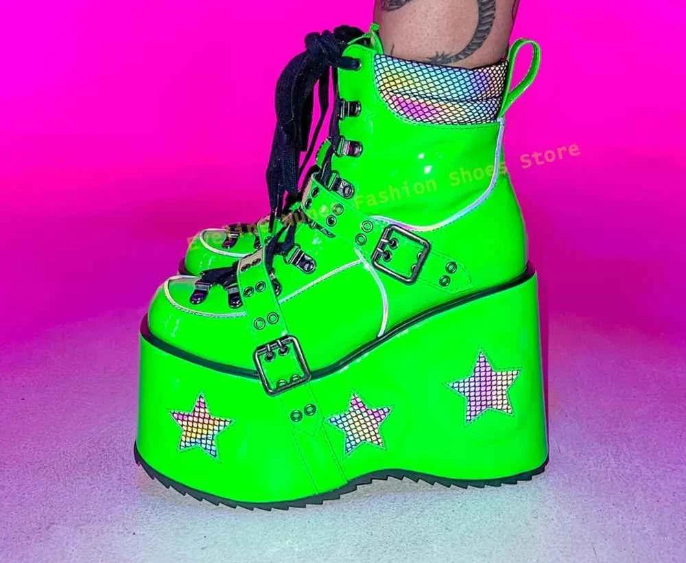 Green Spaced Out Platform Boots Round Toe Wedge Belt Buckle Lace Up Patchwork Women Cyberpunk Boots Gothic Style Y2K Shoes 2025