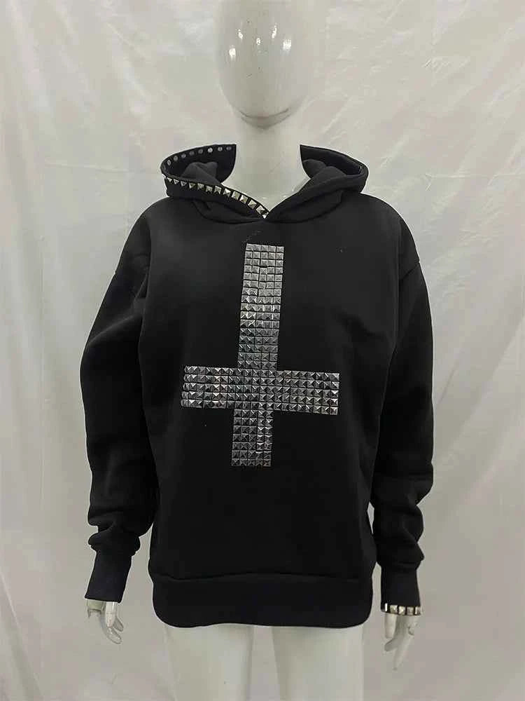 Winter Women's Studded Cross Hoodie | Gothic Streetwear | MUNSIEUR