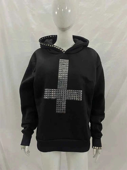 Winter Women's Studded Cross Hoodie | Gothic Streetwear | MUNSIEUR