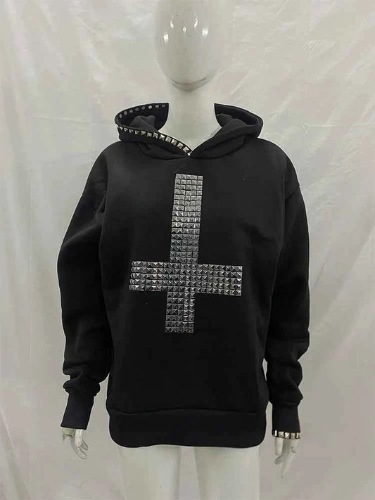 Winter Women's Studded Cross Hoodie | Gothic Streetwear | MUNSIEUR