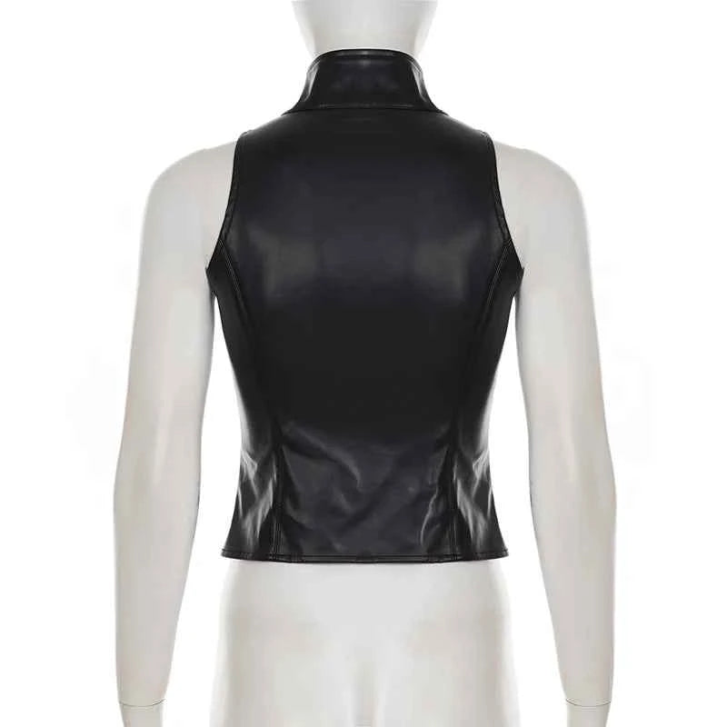 SUCHCUTE Retro Punk Pu Leather Vest With Sleeve Cover Women Gothic Black Sleeveless Turtleneck Top Y2k Metal Decorative Clothing