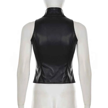 SUCHCUTE Retro Punk Pu Leather Vest With Sleeve Cover Women Gothic Black Sleeveless Turtleneck Top Y2k Metal Decorative Clothing