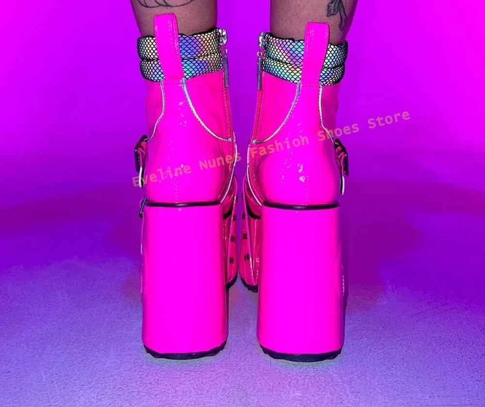 Green Spaced Out Platform Boots Round Toe Wedge Belt Buckle Lace Up Patchwork Women Cyberpunk Boots Gothic Style Y2K Shoes 2025