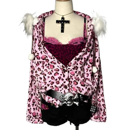 Y2K Kawaii Pink Leopard Plush Zipper Hoodie | Harajuku | MUNSIEUR